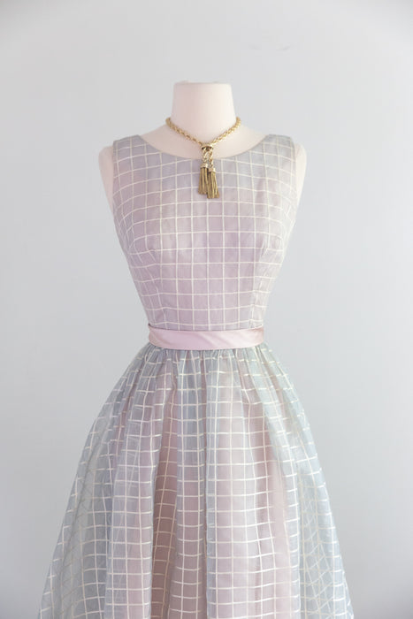 Ethereal Early 1960's Silk Organza Windowpane Gown In Dove Grey / Small