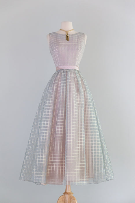 Ethereal Early 1960's Silk Organza Windowpane Gown In Dove Grey / Small