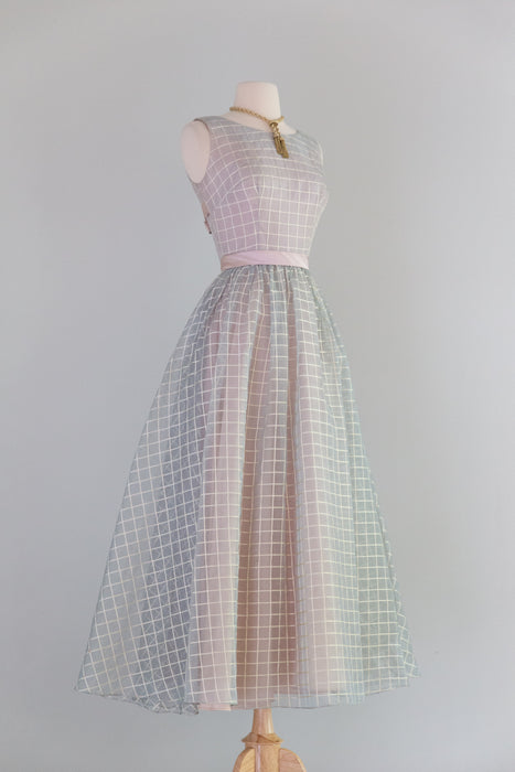 Ethereal Early 1960's Silk Organza Windowpane Gown In Dove Grey / Small