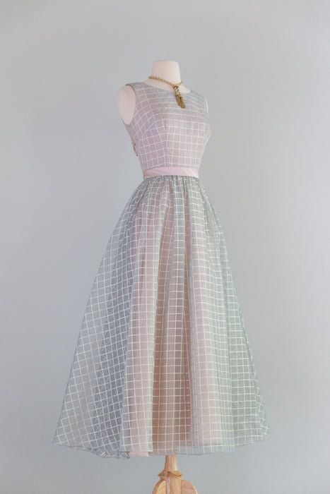 Ethereal Early 1960's Silk Organza Windowpane Gown In Dove Grey / Small