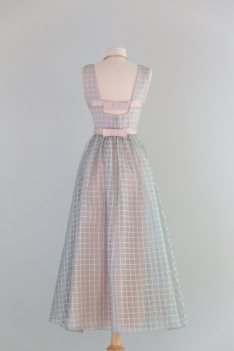 Ethereal Early 1960's Silk Organza Windowpane Gown In Dove Grey / Small