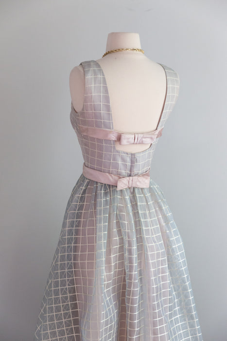 Ethereal Early 1960's Silk Organza Windowpane Gown In Dove Grey / Small