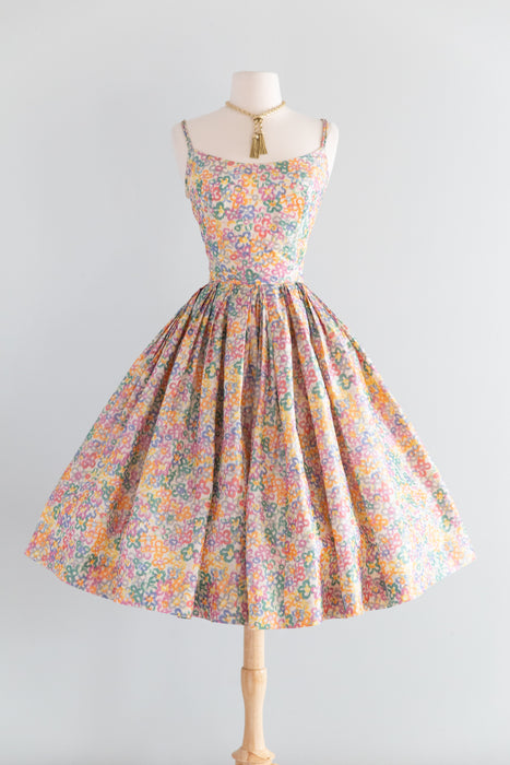 Enchanting 1950’s Pastel Garden Silk Floral Party Dress With Pockets! / Small