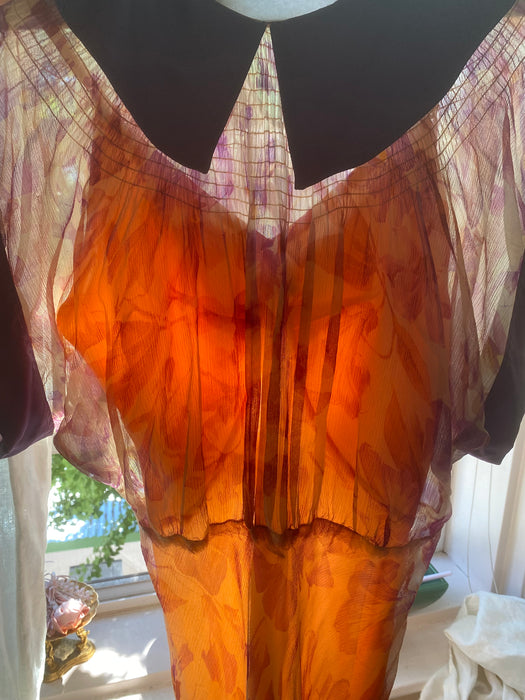 Glorious 1930's Silk Chiffon Morning Glory Print Bias Cut Gown In Shades of Autumn Foliage / SM