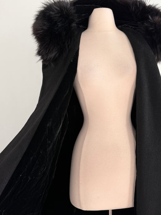 Spectacular 1950's Black Hooded Cocoon Coat With Velvet Lining / M