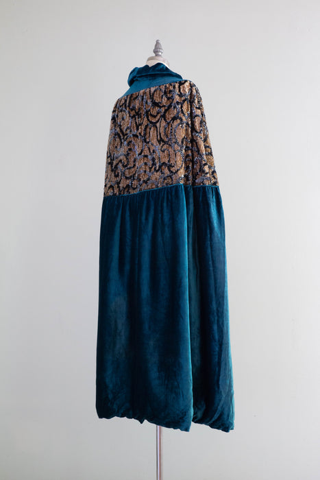 Exquisite 1920's Cerulean Blue Velvet Embroidered Evening Cocoon Cape / OSFM