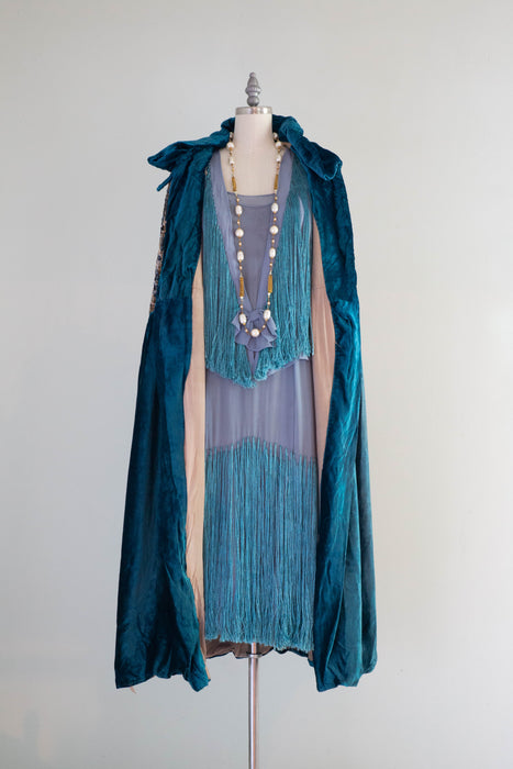 Exquisite 1920's Cerulean Blue Velvet Embroidered Evening Cocoon Cape / OSFM