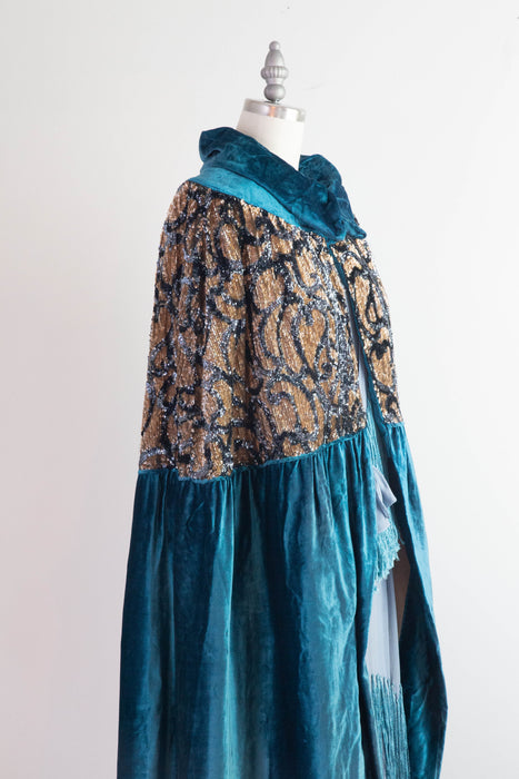 Exquisite 1920's Cerulean Blue Velvet Embroidered Evening Cocoon Cape / OSFM