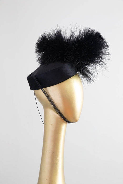 Spectacular 1940's Black Feathered Cocktail Hat By Ere Nouvelle New York / 22 1/2