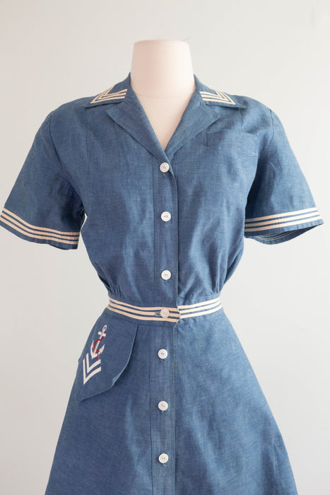 Classic 1950's Tom Boy Sailors Blues Nautical Theme Cotton Day Dress / Small