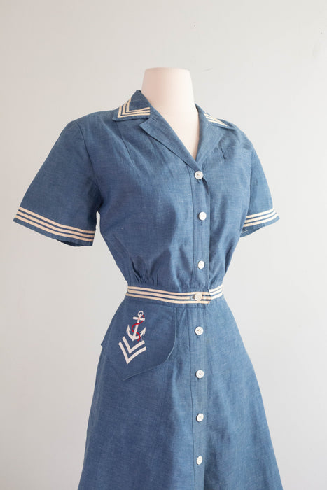 Classic 1950's Tom Boy Sailors Blues Nautical Theme Cotton Day Dress / Small