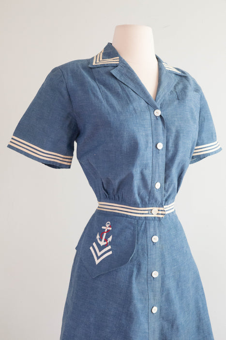 Classic 1950's Tom Boy Sailors Blues Nautical Theme Cotton Day Dress / Small