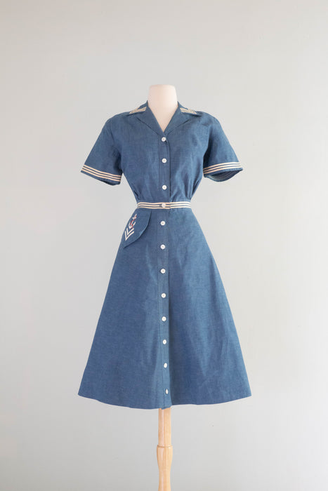 Classic 1950's Tom Boy Sailors Blues Nautical Theme Cotton Day Dress / Small