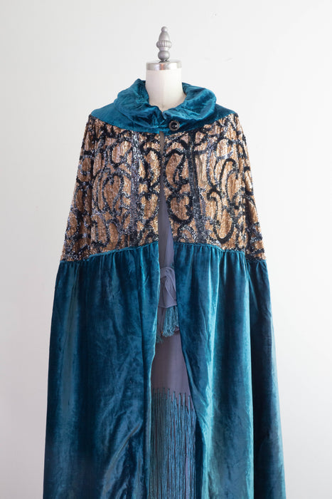 Exquisite 1920's Cerulean Blue Velvet Embroidered Evening Cocoon Cape / OSFM