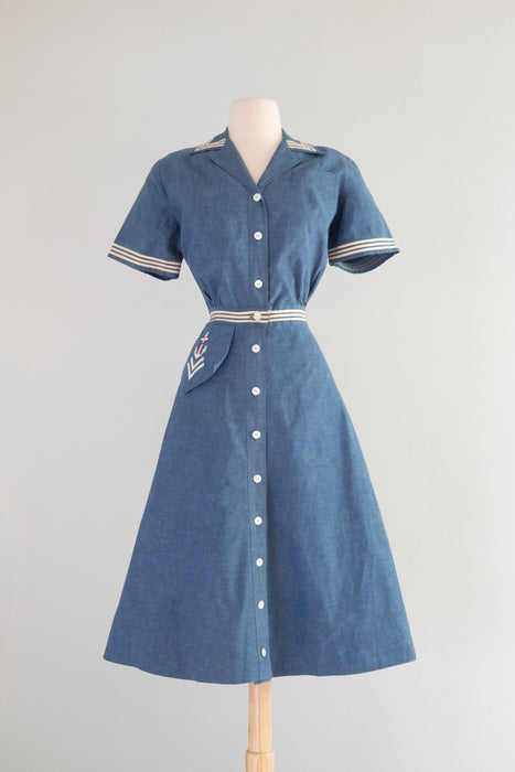 Classic 1950's Tom Boy Sailors Blues Nautical Theme Cotton Day Dress / Small