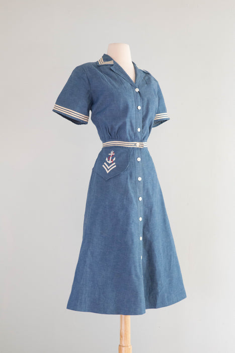 Classic 1950's Tom Boy Sailors Blues Nautical Theme Cotton Day Dress / Small