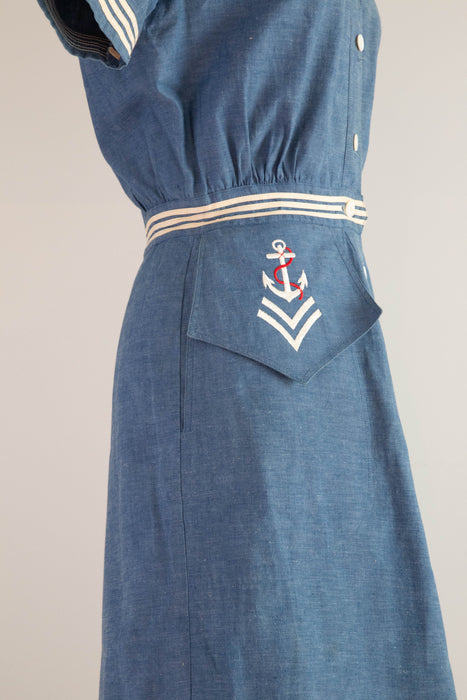 Classic 1950's Tom Boy Sailors Blues Nautical Theme Cotton Day Dress / Small