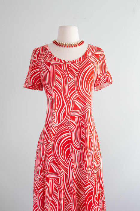 Iconic 1970's Cherry Red Diane Von Furstenberg Made in Italy Abstract Cotton Jersey Maxi Dress / ML