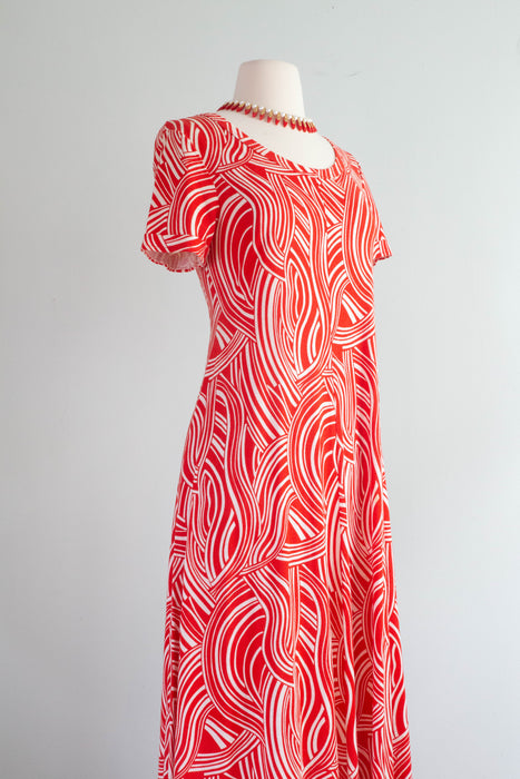 Iconic 1970's Cherry Red Diane Von Furstenberg Made in Italy Abstract Cotton Jersey Maxi Dress / ML