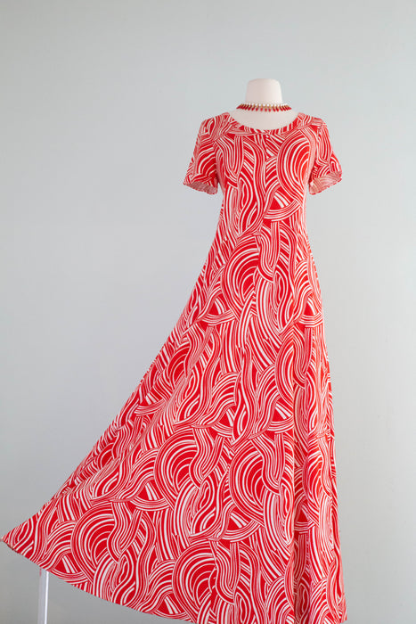 Iconic 1970's Cherry Red Diane Von Furstenberg Made in Italy Abstract Cotton Jersey Maxi Dress / ML