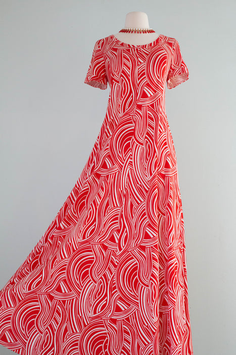 Iconic 1970's Cherry Red Diane Von Furstenberg Made in Italy Abstract Cotton Jersey Maxi Dress / ML