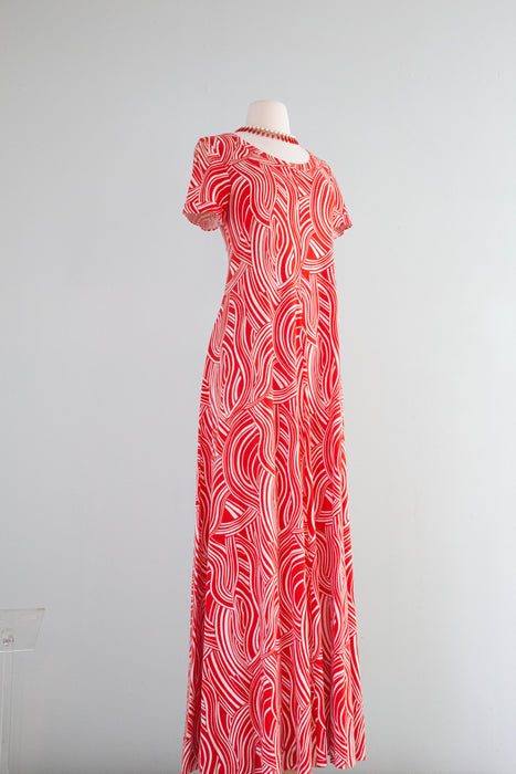 Iconic 1970's Cherry Red Diane Von Furstenberg Made in Italy Abstract Cotton Jersey Maxi Dress / ML