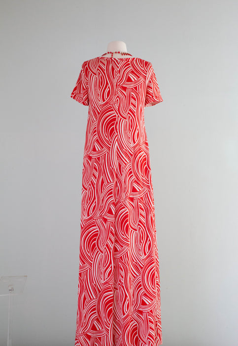 Iconic 1970's Cherry Red Diane Von Furstenberg Made in Italy Abstract Cotton Jersey Maxi Dress / ML