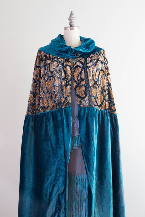 Exquisite 1920's Cerulean Blue Velvet Embroidered Evening Cocoon Cape / OSFM