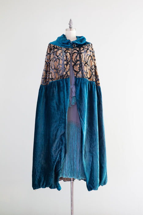 Exquisite 1920's Cerulean Blue Velvet Embroidered Evening Cocoon Cape / OSFM