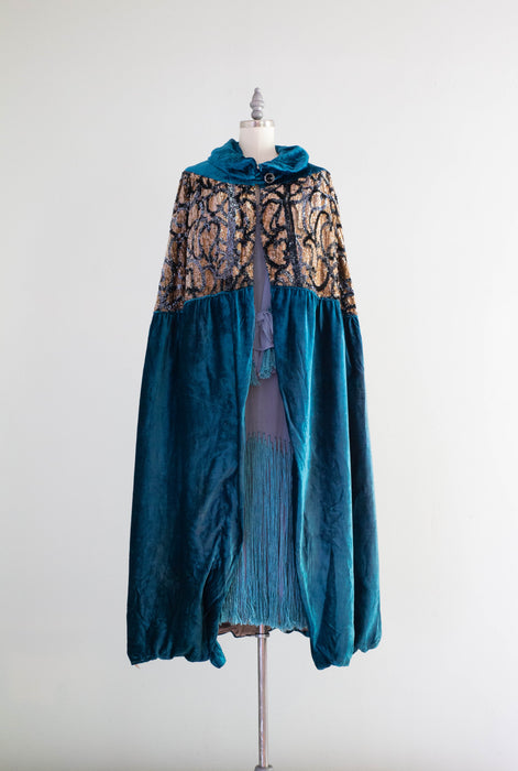 Exquisite 1920's Cerulean Blue Velvet Embroidered Evening Cocoon Cape / OSFM