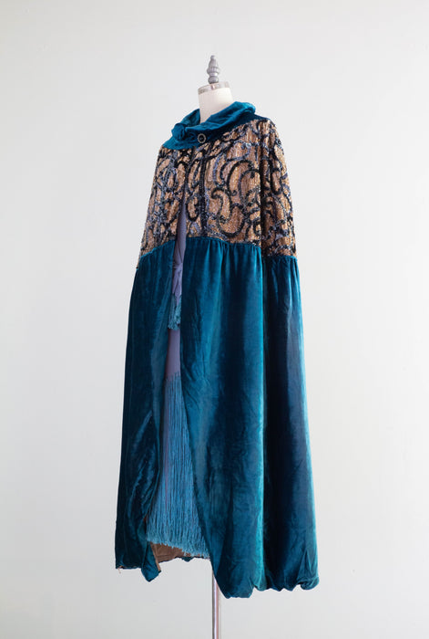 Exquisite 1920's Cerulean Blue Velvet Embroidered Evening Cocoon Cape / OSFM