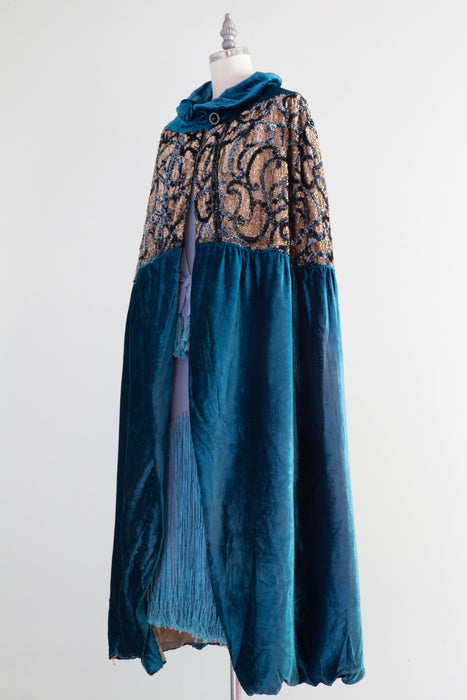 Exquisite 1920's Cerulean Blue Velvet Embroidered Evening Cocoon Cape / OSFM