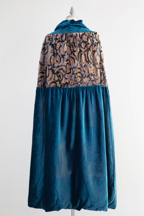 Exquisite 1920's Cerulean Blue Velvet Embroidered Evening Cocoon Cape / OSFM