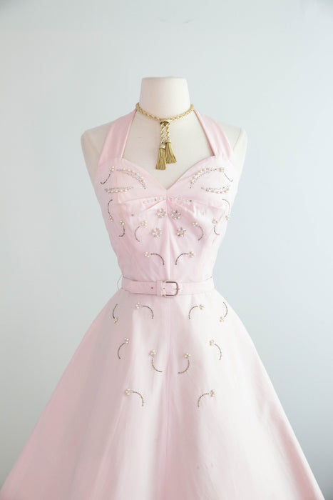 Beautiful 1950's Pale Pink Cotton Embellished Summer Dress By Carl Naftal / S
