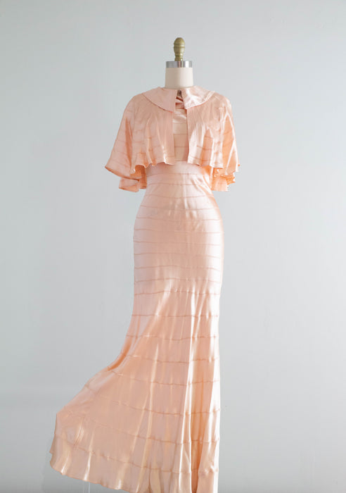 1930's Liquid Silk Bias Cut Evening Dress & Matching Cape in Ballet Pink / XS