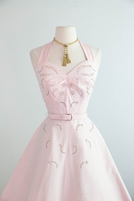 Beautiful 1950's Pale Pink Cotton Embellished Summer Dress By Carl Naftal / S