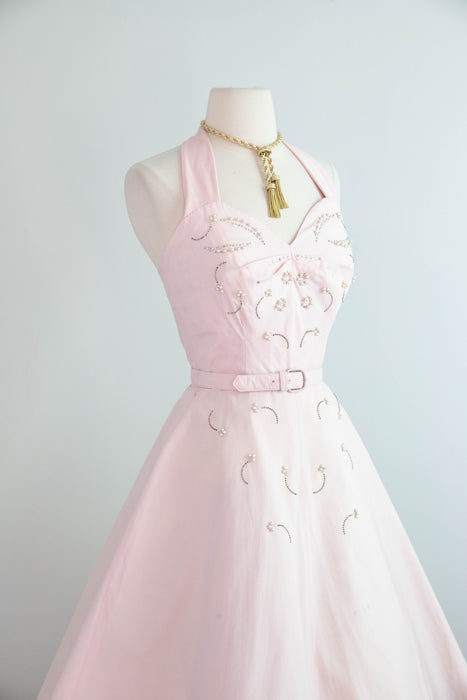 Beautiful 1950's Pale Pink Cotton Embellished Summer Dress By Carl Naftal / S