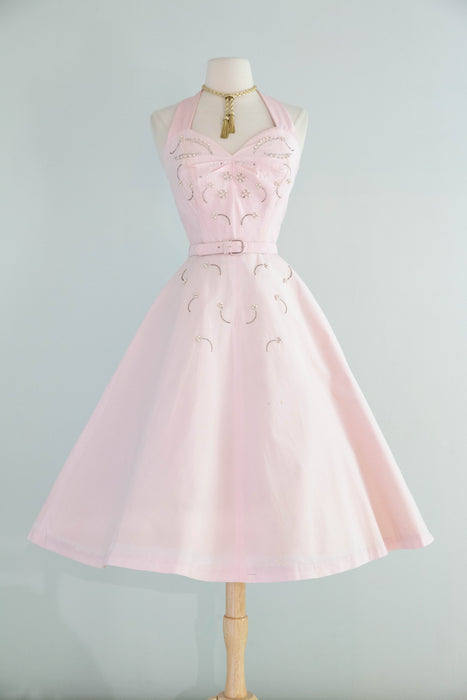 Beautiful 1950's Pale Pink Cotton Embellished Summer Dress By Carl Naftal / S