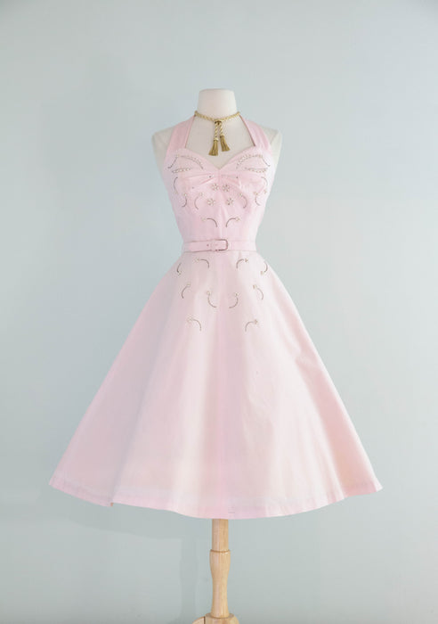 Beautiful 1950's Pale Pink Cotton Embellished Summer Dress By Carl Naftal / S