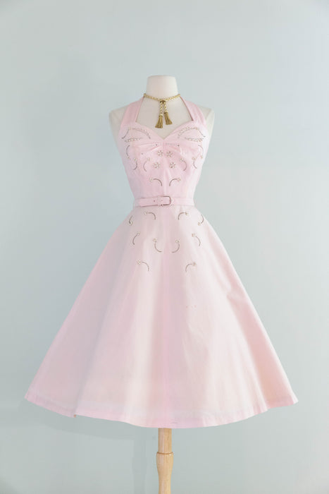 Beautiful 1950's Pale Pink Cotton Embellished Summer Dress By Carl Naftal / S