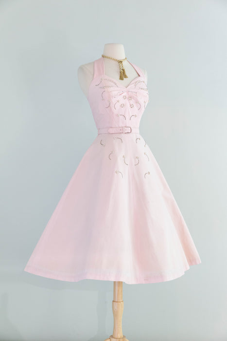Beautiful 1950's Pale Pink Cotton Embellished Summer Dress By Carl Naftal / S