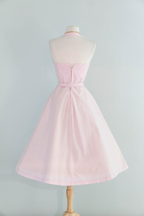 Beautiful 1950's Pale Pink Cotton Embellished Summer Dress By Carl Naftal / S