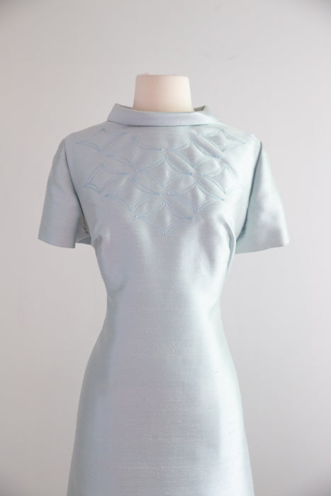 Chic 1960's Ice Blue Silk Shantung Shift Dress By Charles Talbot / ML
