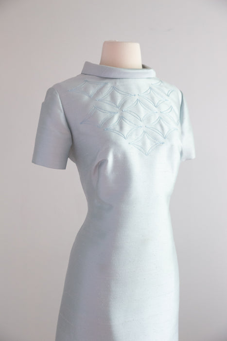 Chic 1960's Ice Blue Silk Shantung Shift Dress By Charles Talbot / ML
