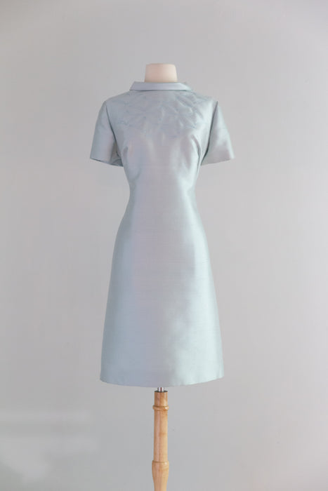Chic 1960's Ice Blue Silk Shantung Shift Dress By Charles Talbot / ML