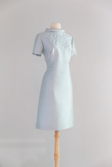 Chic 1960's Ice Blue Silk Shantung Shift Dress By Charles Talbot / ML