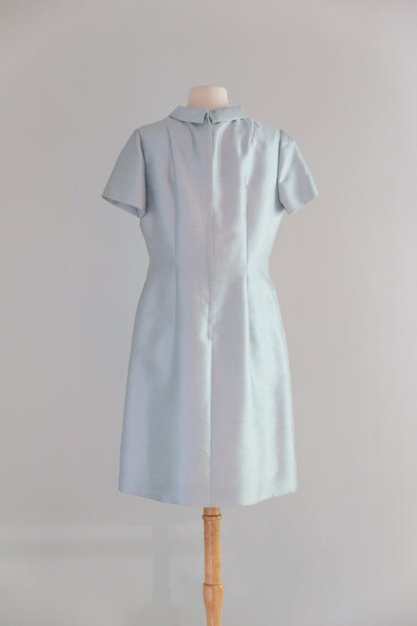 Chic 1960's Ice Blue Silk Shantung Shift Dress By Charles Talbot / ML