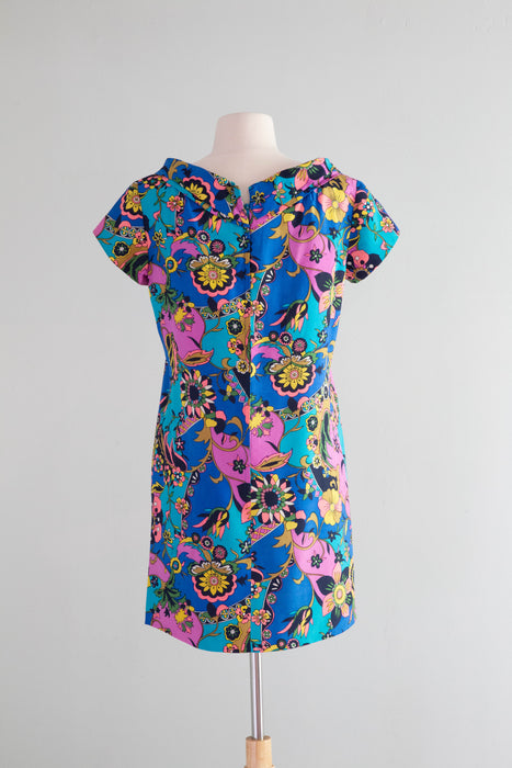 Fantastic 1960's Swirling Silk Mini Dress By McMullen / Medium