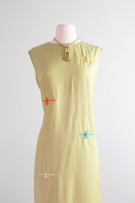 Wonderful 1960's Olive Green Silk Shift With Color Block Pockets / ML