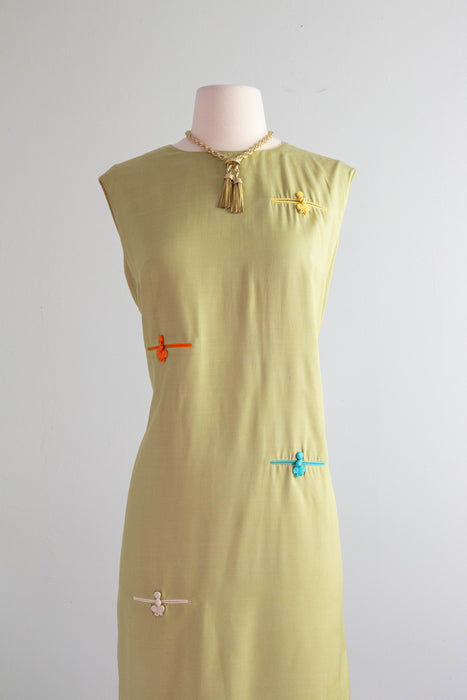 Wonderful 1960's Olive Green Silk Shift With Color Block Pockets / ML